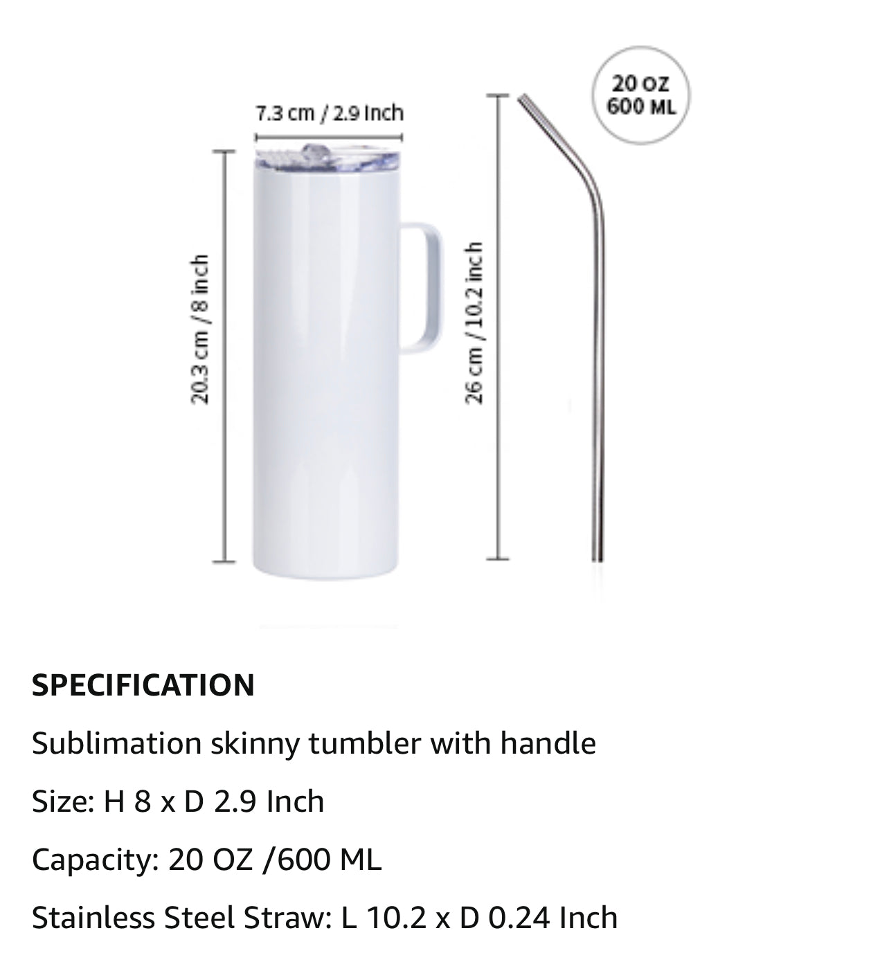 Sublimation 20oz/600ml Stainless Steel Skinny Tumbler with Handle