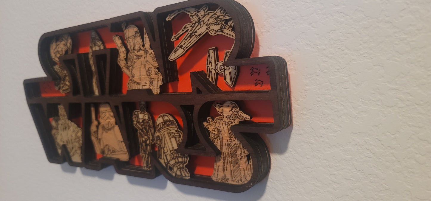 Laser Wood Cut Star Wars Scene Red