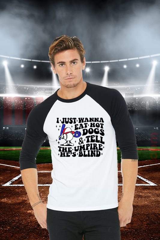 B+C3200 Bella + Canvas Baseball Shirt Adult- Eat Hot Dogs